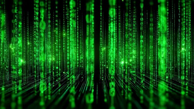 digital matrix of green binary code streams against a dark background. The scene conveys a futuristic technology concept. - Powered by Adobe