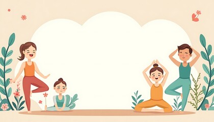 People Doing Yoga Poses in Cartoon Style with Decorative Floral Elements