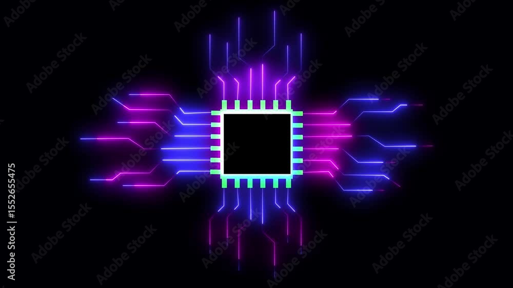 Poster futuristic circuit board with glowing central processor, complex intricate wiring, and bright neon c