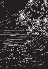 maldives landscape vector sketch on black background chalk. ocean shore vector sketch. tropical landscape vector sketch