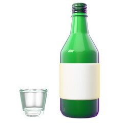 Soju, a traditional Korean alcoholic drink, and a glass. 3d rendering icon illustration.
