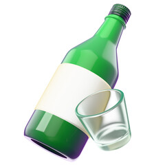 Soju, a traditional Korean alcoholic drink, and a glass. 3d rendering icon illustration.