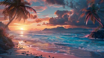 Beautiful sunset over the ocean. Palm trees on the beach. Pink, blue and violet sky.