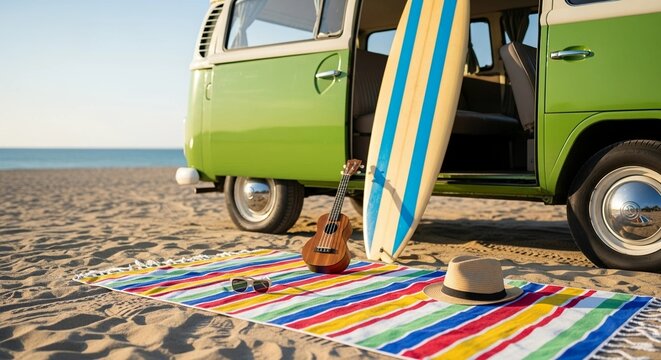 Vintage van parked on sandy beach with surfboard and beach gear