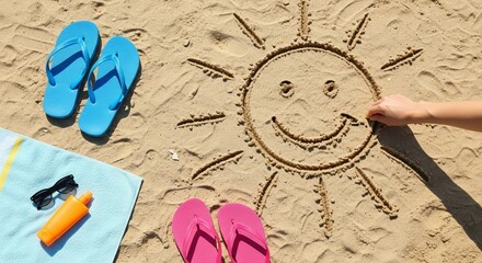 Hand drawing smiling sun in beach sand with flip flops and towel