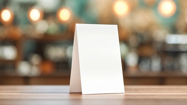 Table tent, reserved card sign empty blank on a wooden table, 3d illustration  - Powered by Adobe