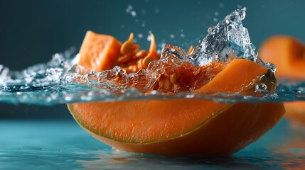 Fresh cantaloupe splashes into water creating refreshing and vibrant imagery