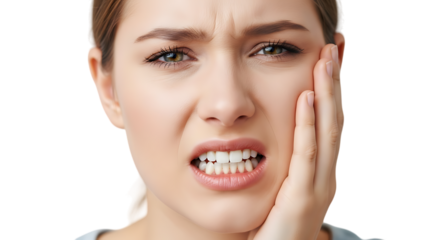 A woman experiencing intense tooth pain with hand on cheek demonstrating oral health issues