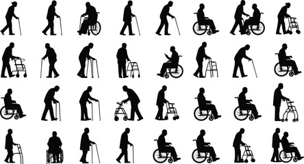 Elderly person silhouettes, using cane walker wheelchair, senior mobility aid icons, healthcare support concept, aging disability rehabilitation vector illustration