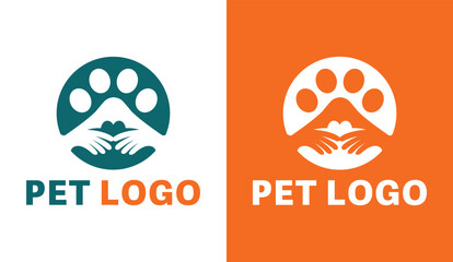 Pet Care Logo Set Hands and Paw Print in Circle Animal Love