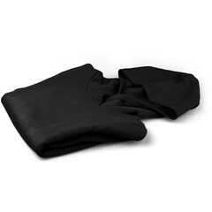 A folded black hoodie with a hood, suitable for casual wear and comfort.