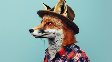 A close-up portrait of a red fox wearing a brown hat and a plaid shirt. The fox is looking to the right of the frame.