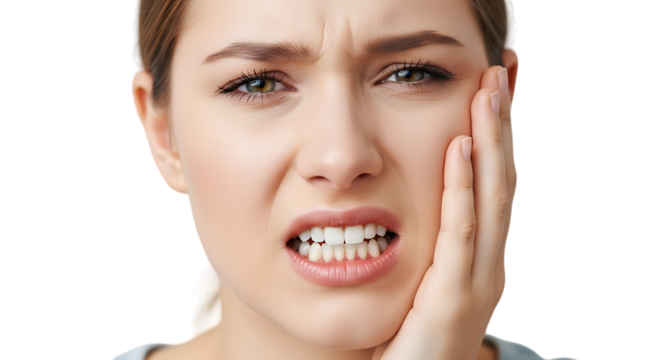 A woman experiencing intense tooth pain with hand on cheek demonstrating oral health issues