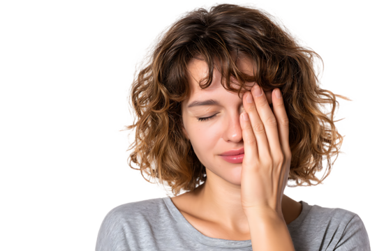 Woman with headache, tired, stressed, or feeling unwell.