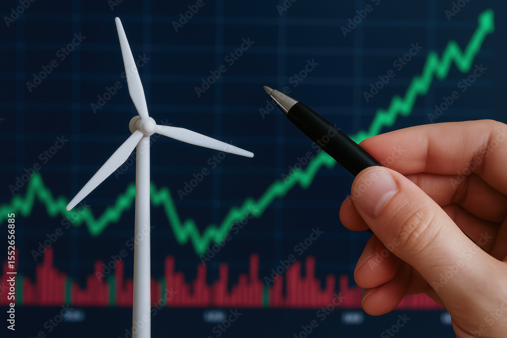 Poster financial growth in energy sector is highlighted by hand pointing at wind turbine model with rising 