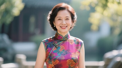 A Chinese woman in a cheongsam smiles.	
