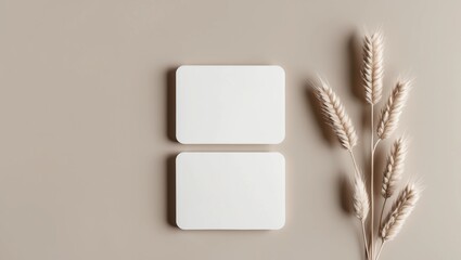 Two white business cards mockup with a lagurus decoration. 85x55mm