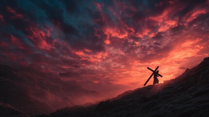 Ascending Path: A solitary figure journeys toward a radiant sunrise, the cross held in embrace, as a powerful symbol of faith and perseverance in the face of trials.
