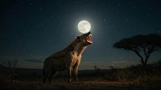Nocturnal Call of the Wild: A Hyena's Howl Under the Starry African Sky, illuminated by the Bright