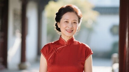 A middle-aged Chinese woman in a red cheongsam smiles	