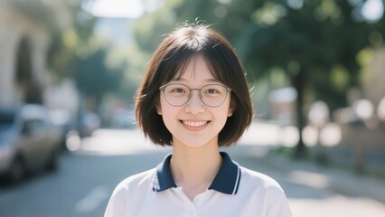 A smiling Asian schoolgirl wearing glasses