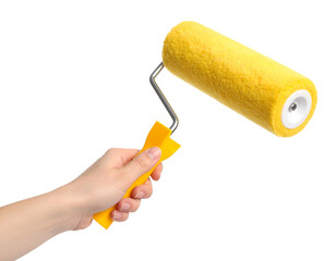 Hand painting using a yellow roller brush isolated on a transparent or white background