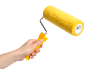 Hand painting using a yellow roller brush isolated on a transparent or white background