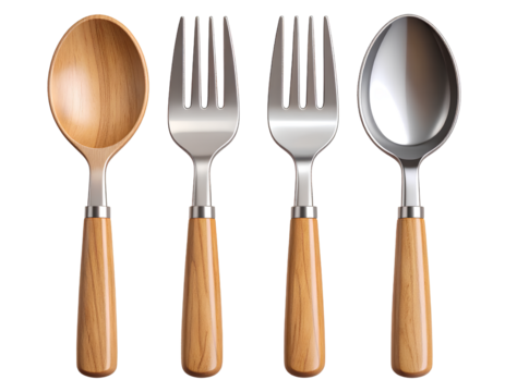 Modern 3D Kitchen Utensils Spoon and Fork with Matte Black Handles, Transparent PNG