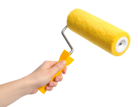 Hand painting using a yellow roller brush isolated on a transparent or white background