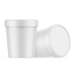 Two plain white containers with lids, suitable for food storage or takeaway.