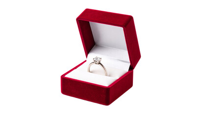 A red velvet ring box with a diamond engagement ring inside Isolated on Transparent or White Background