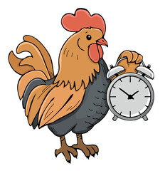 rooster holding alarm clock, vector color sketch