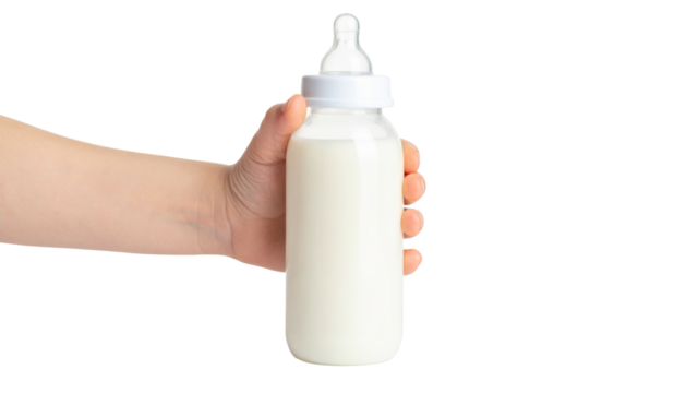Baby's hand holding a milk bottle Isolated on Transparent or White Background - Powered by Adobe
