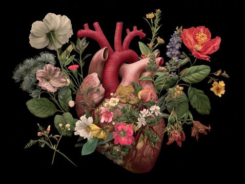 Anatomical Heart Adorned with Floral Elements on Black Background