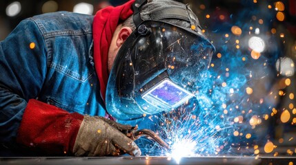 Focused Artisan in Protective Welding Mask Skillfully Fusing Metal Components Together in Bright Workshop Setting with Sparks Flying Creating Dynamic Atmosphere