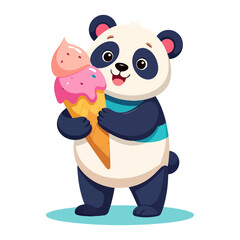 Obraz premium A panda holding a doublescoop ice cream cone smiling against a white background