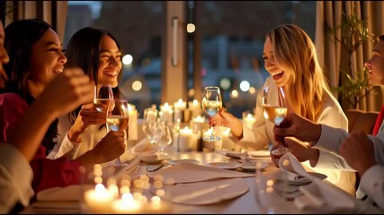  A group of friends raises glasses in a toast at a candlelit dinner, creating a moment of warmth and camaraderie. - Powered by Adobe