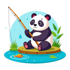 A panda sits on a small island fishing with a rod A fish swims in the water