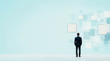 Fototapeta premium Abstract digital backdrop featuring a businessman silhouette, representing innovation and strategic planning, ample copy space available