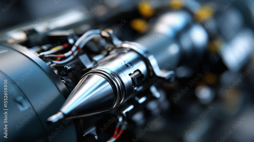 Poster a close-up shot of a complex industrial mechanism or engine part, featuring metallic components and 