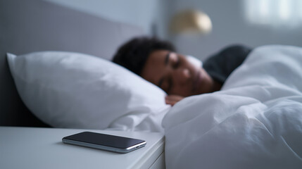 Fototapeta premium A smartphone rests on a nightstand beside a sleeping person, highlighting themes of digital detox and nighttime disconnection. 