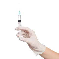 Female hand in medical glove hold syringe Isolated on Transparent or White Background