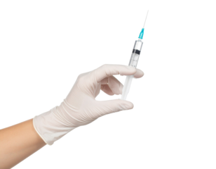 Female hand in medical glove hold syringe Isolated on Transparent or White Background