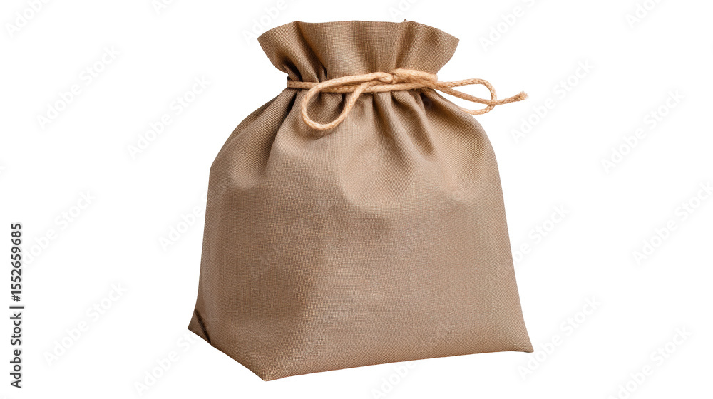 Poster brown fabric sack isolated on transparent background with tied rope string