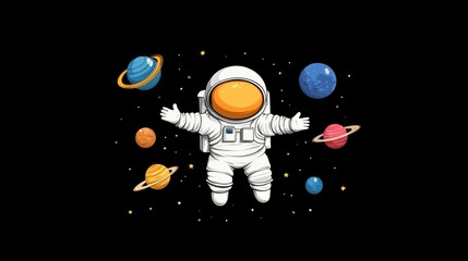 Naklejka premium Chibi astronaut in space, surrounded by colorful planets and twinkling stars, with space for text, whimsical anime art