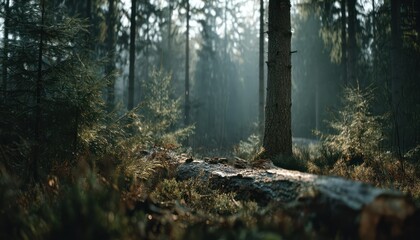 Obraz premium Sunlit forest with lush vegetation and fallen trees, showcasing nature's grandeur