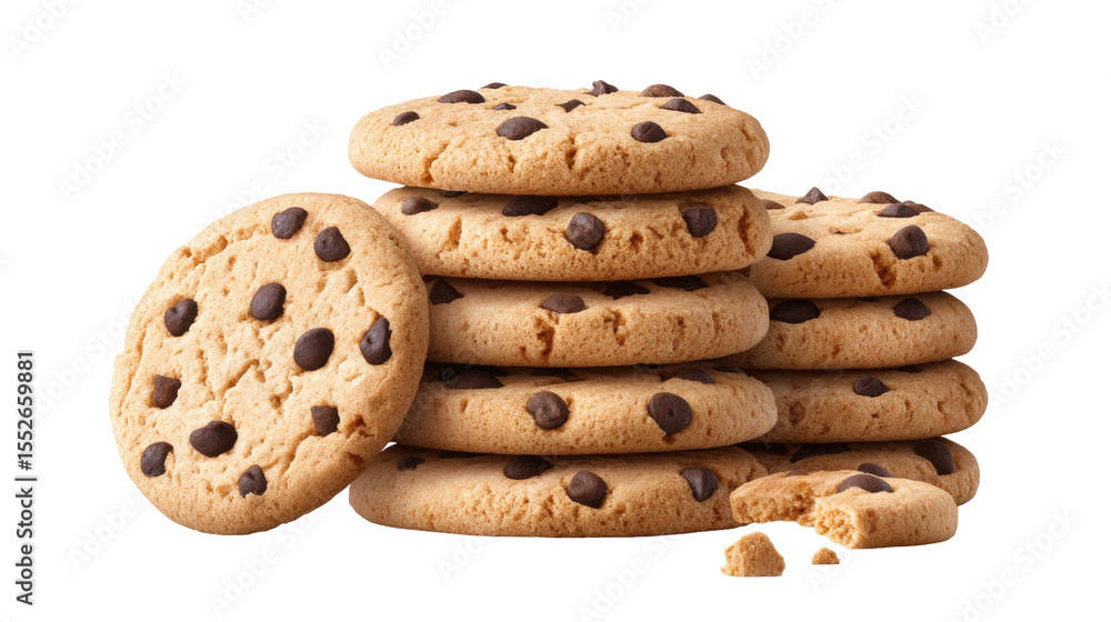 Poster chocolate chip cookie stack isolated on transparent background with crumbs