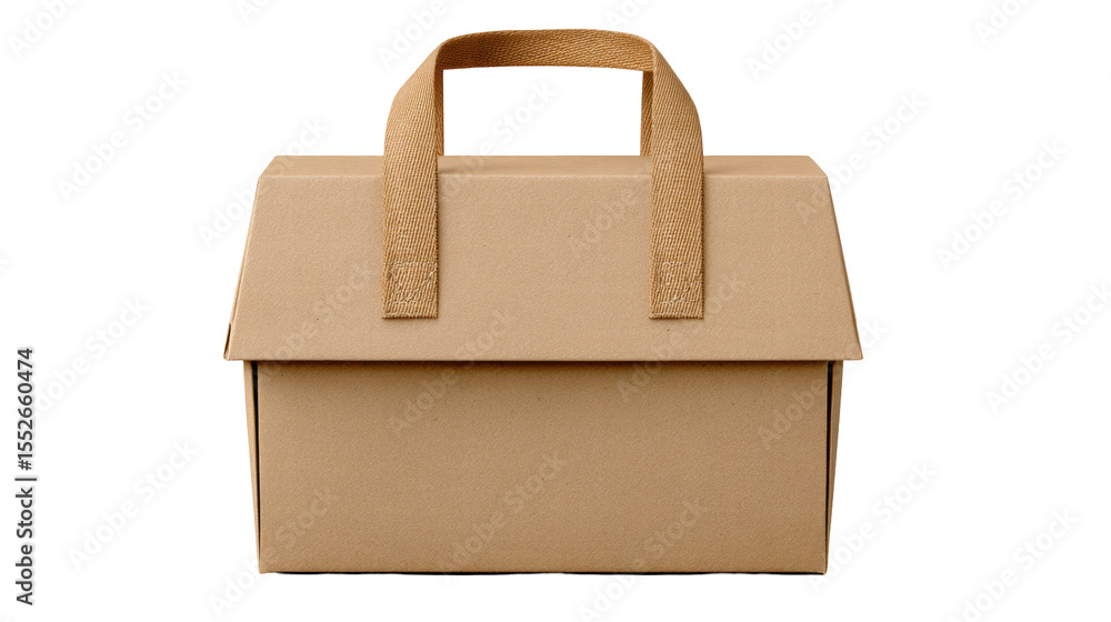 Poster brown cardboard box isolated on transparent background with handle for carrying
