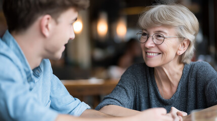 A smiling senior woman with glasses joyfully engages in conversation with a younger man, sharing a warm intergenerational moment.
