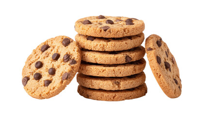 Chocolate chip cookie stack isolated on transparent background with delicious texture